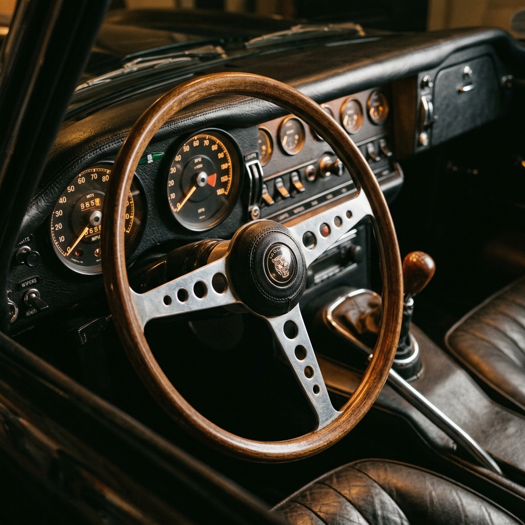 Vintage sports car steering wheel